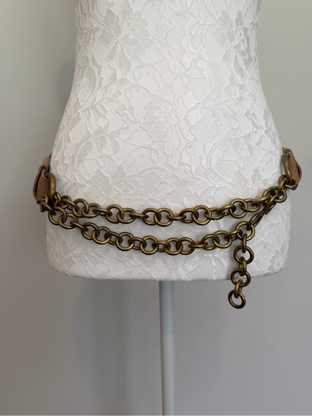 Johnny Farah Antique Brass Double Chain Waist Belt with Tan Leather Accents L